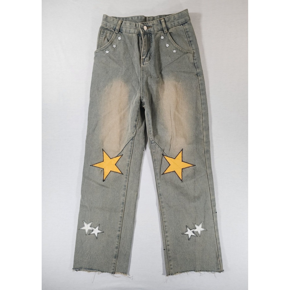 Unbranded Star Patch Jeans 28x27‎ Blue Denim Distressed Raw Hem Streetwear Clout